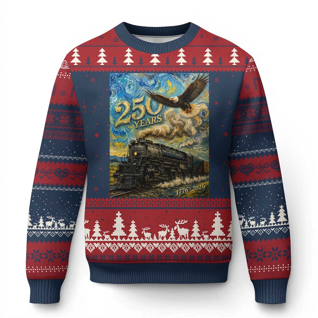 Train USA 250 Year Anniversary 1776 2026 Ugly Christmas Sweater Van Gogh Art Steam Locomotive Railroad Starry Night TS11 Navy Red Print Your Wear