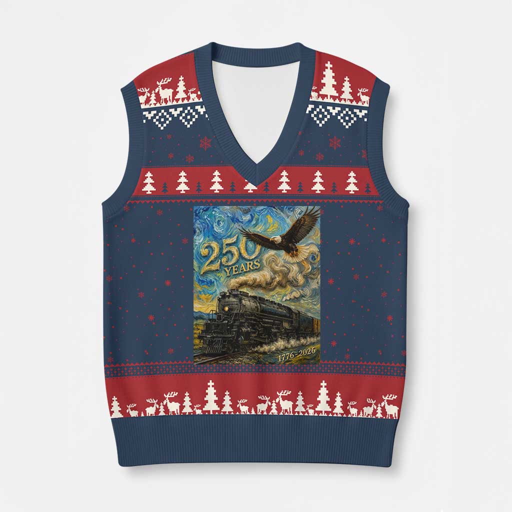 Train USA 250 Year Anniversary 1776 2026 V-Neck Knit Sweater Vest Van Gogh Art Steam Locomotive Railroad Starry Night TS11 Navy Red Print Your Wear