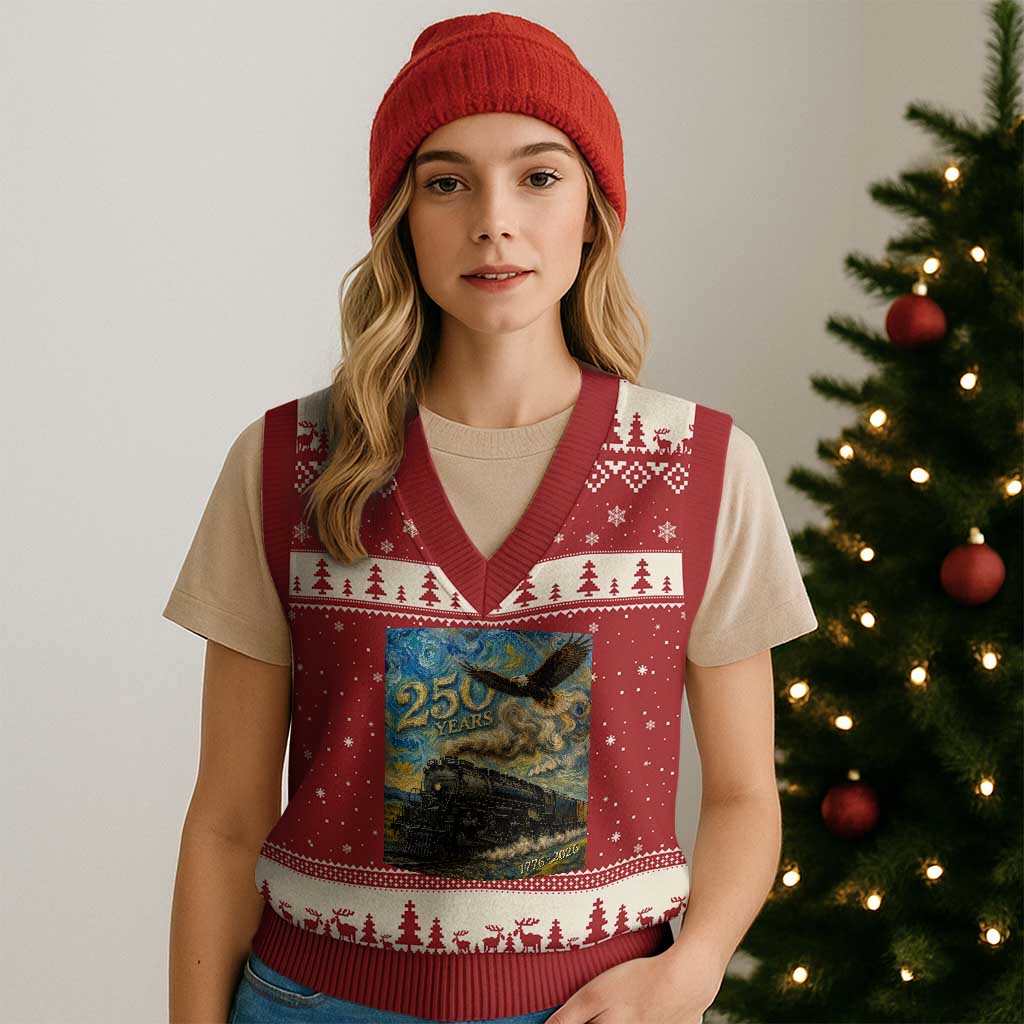 Train USA 250 Year Anniversary 1776 2026 V-Neck Knit Sweater Vest Van Gogh Art Steam Locomotive Railroad Starry Night