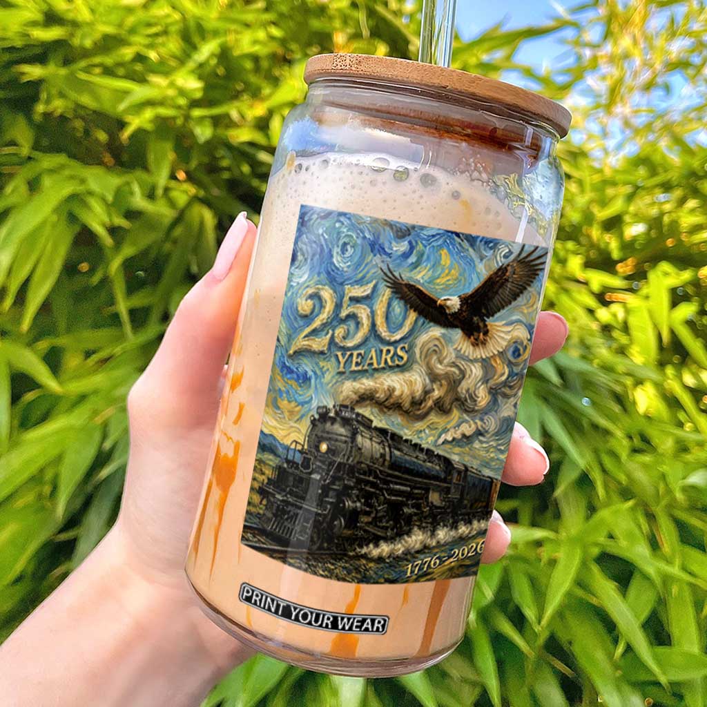 Train USA 250 Year Anniversary 1776 2026 Glass Can Van Gogh Art Steam Locomotive Railroad Starry Night