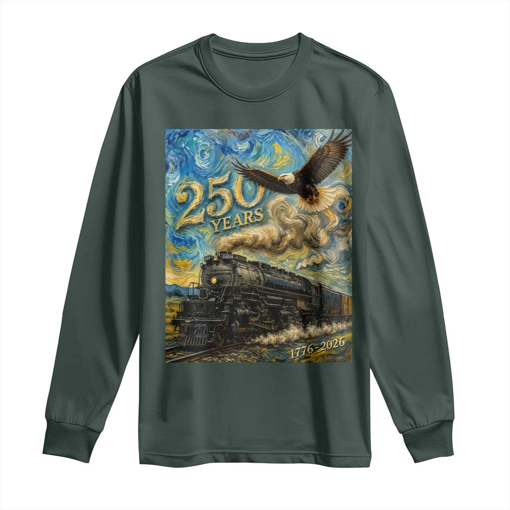Train USA 250 Year Anniversary 1776 2026 Long Sleeve Shirt Van Gogh Art Steam Locomotive Railroad Starry Night
