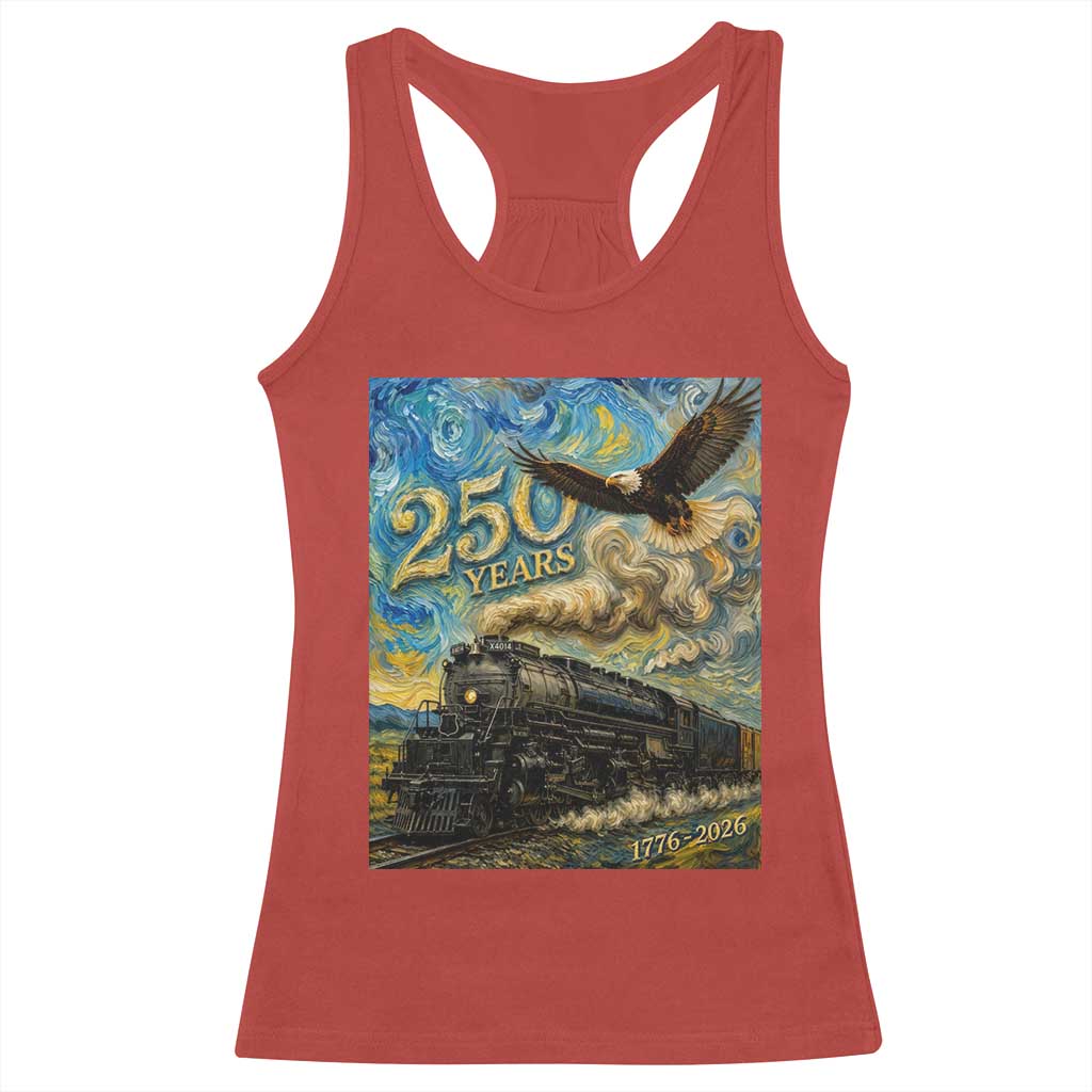Train USA 250 Year Anniversary 1776 2026 Racerback Tank Top Van Gogh Art Steam Locomotive Railroad Starry Night