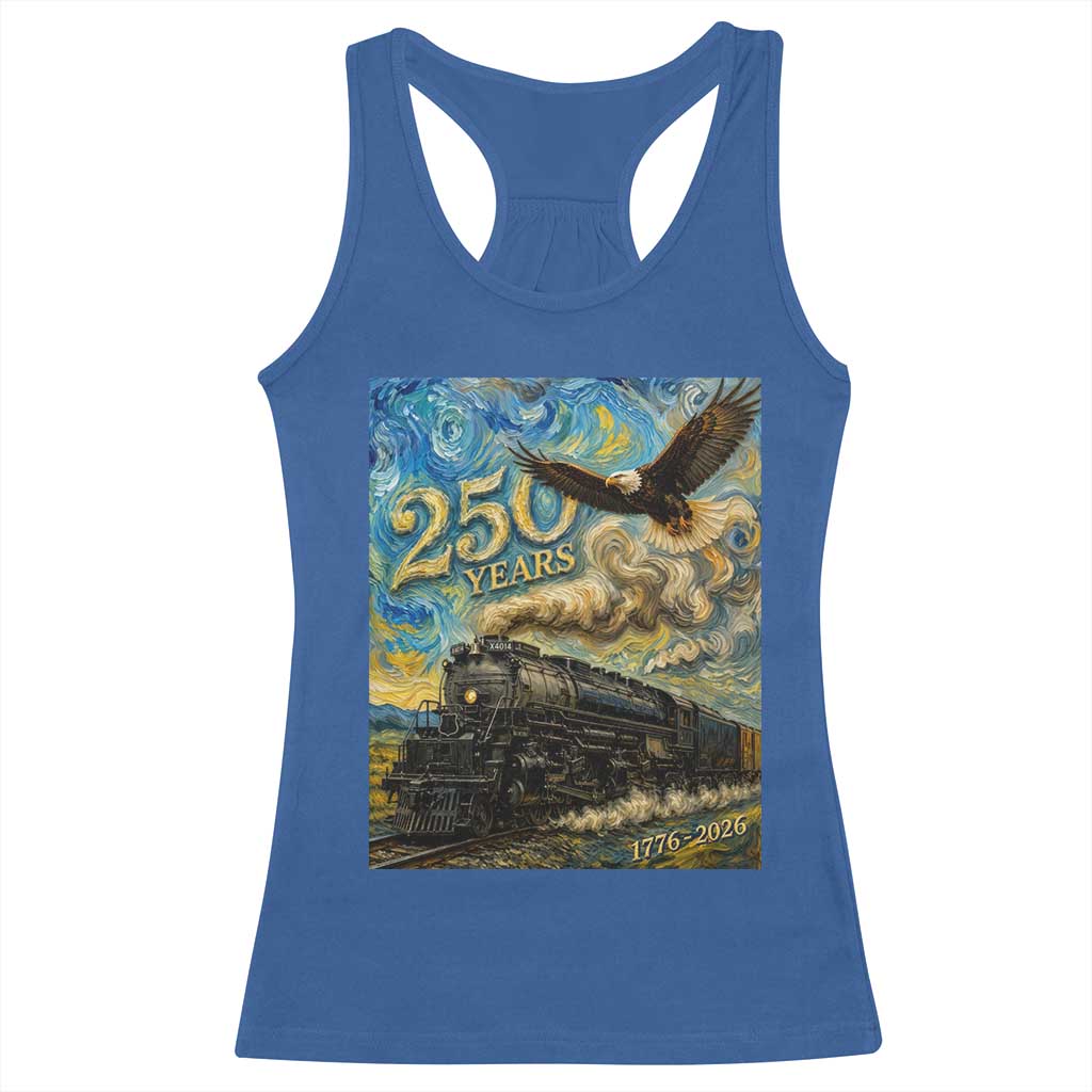 Train USA 250 Year Anniversary 1776 2026 Racerback Tank Top Van Gogh Art Steam Locomotive Railroad Starry Night