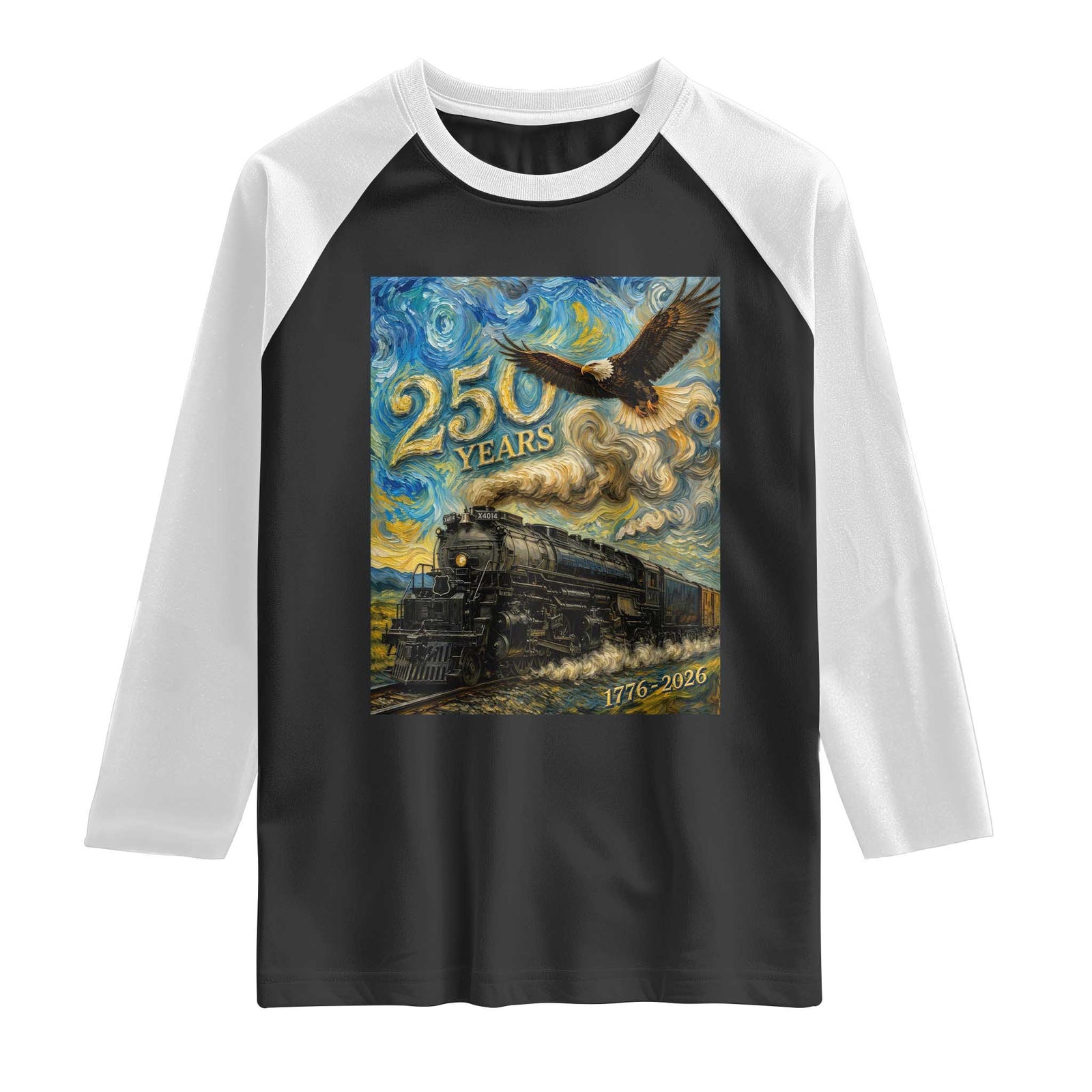 Train USA 250 Year Anniversary 1776 2026 Raglan Shirt Van Gogh Art Steam Locomotive Railroad Starry Night TS11 Black White Print Your Wear