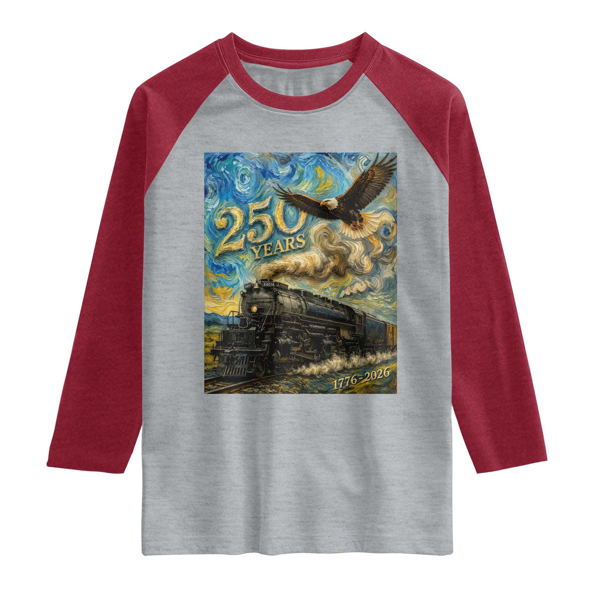 Train USA 250 Year Anniversary 1776 2026 Raglan Shirt Van Gogh Art Steam Locomotive Railroad Starry Night