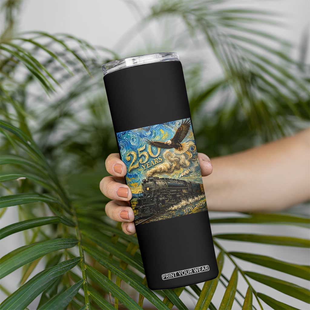 Train USA 250 Year Anniversary 1776 2026 Skinny Tumbler Van Gogh Art Steam Locomotive Railroad Starry Night