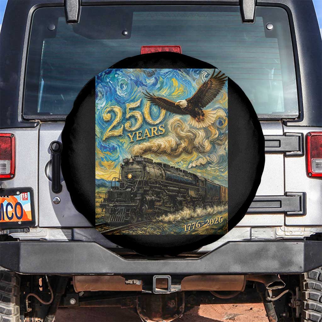 Train USA 250 Year Anniversary 1776 2026 Spare Tire Cover Van Gogh Art Steam Locomotive Railroad Starry Night TS11 No hole Black Print Your Wear