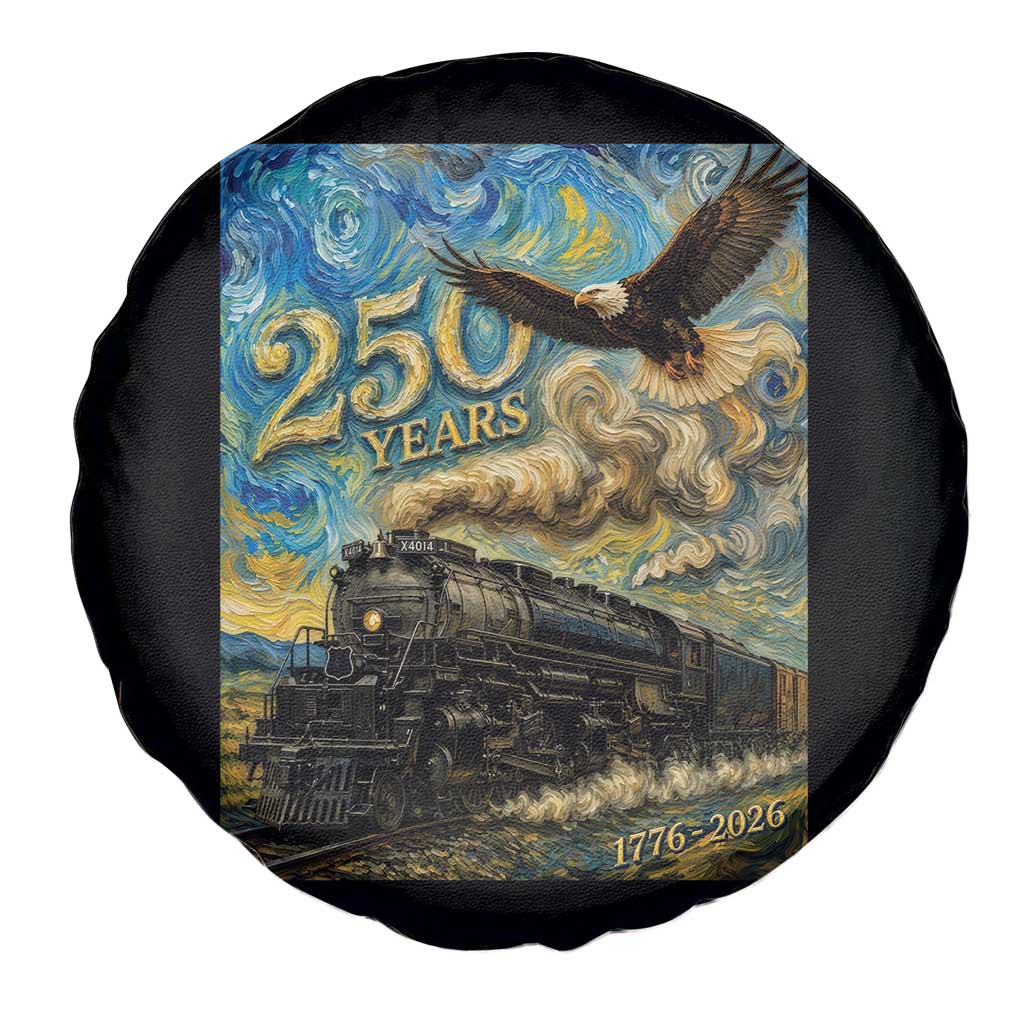 Train USA 250 Year Anniversary 1776 2026 Spare Tire Cover Van Gogh Art Steam Locomotive Railroad Starry Night