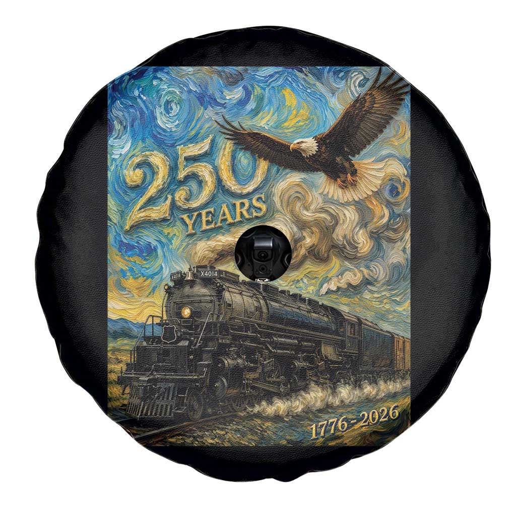 Train USA 250 Year Anniversary 1776 2026 Spare Tire Cover Van Gogh Art Steam Locomotive Railroad Starry Night