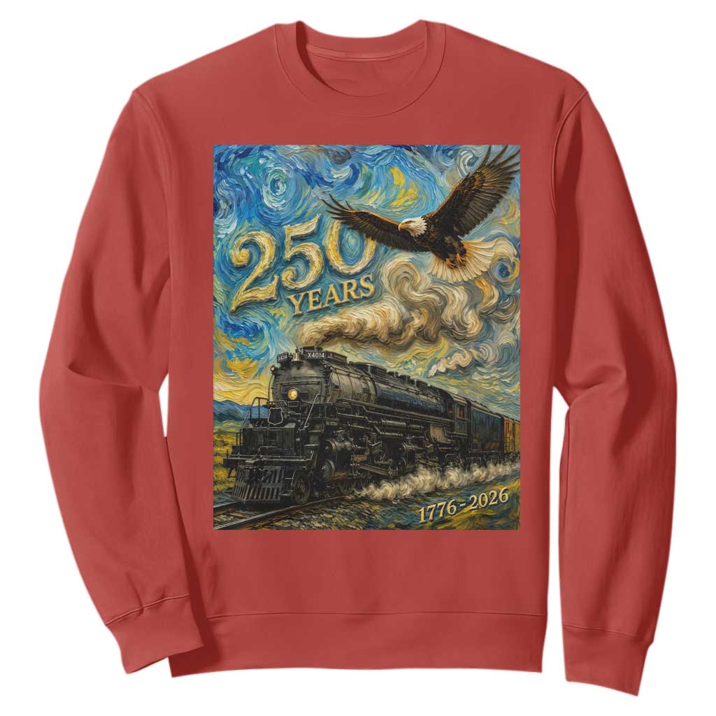 Train USA 250 Year Anniversary 1776 2026 Sweatshirt Van Gogh Art Steam Locomotive Railroad Starry Night