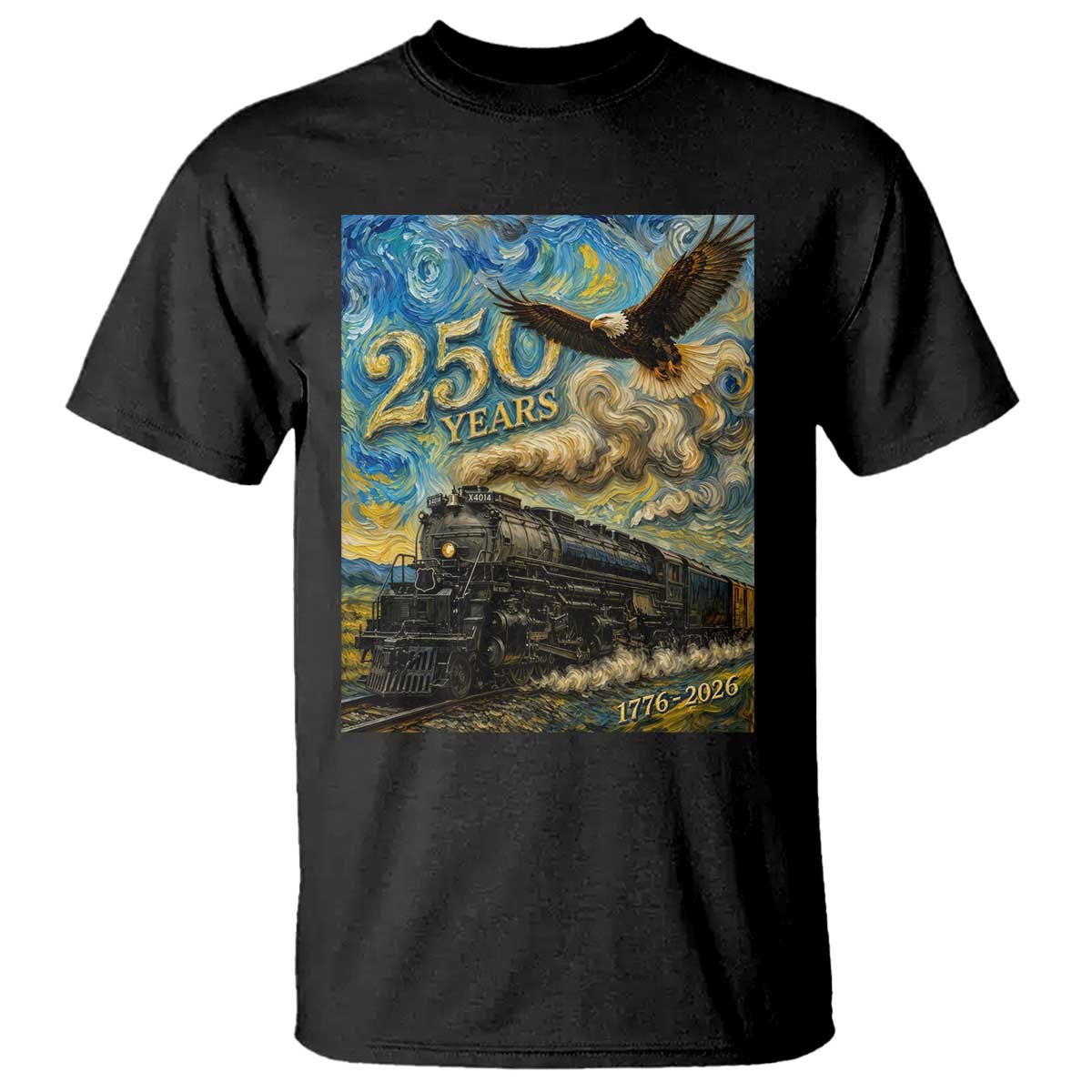 Train USA 250 Year Anniversary 1776 2026 T Shirt Van Gogh Art Steam Locomotive Railroad Starry Night