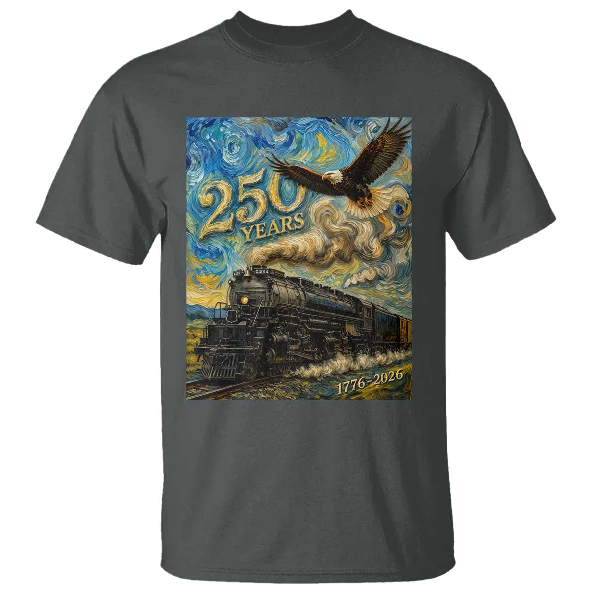 Train USA 250 Year Anniversary 1776 2026 T Shirt Van Gogh Art Steam Locomotive Railroad Starry Night