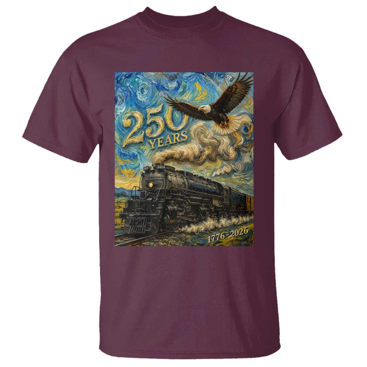 Train USA 250 Year Anniversary 1776 2026 T Shirt Van Gogh Art Steam Locomotive Railroad Starry Night