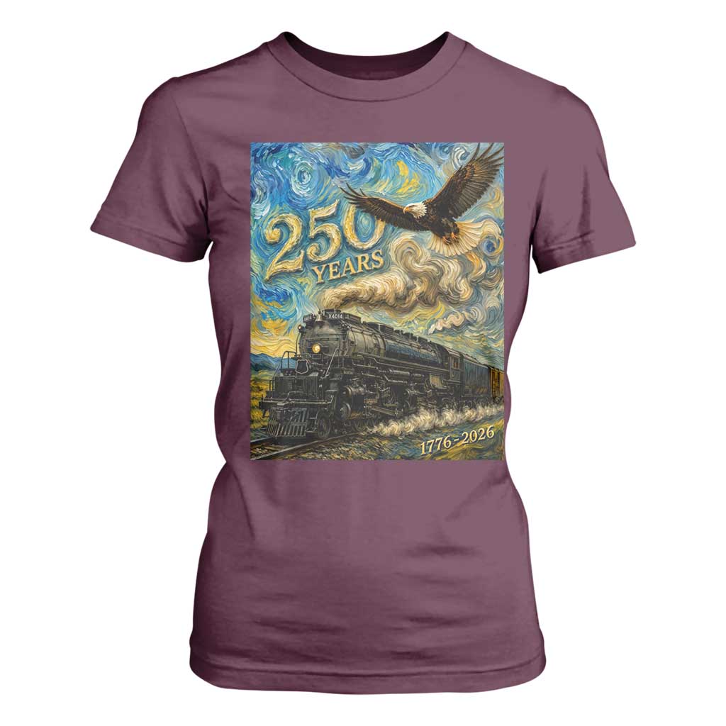 Train USA 250 Year Anniversary 1776 2026 T Shirt For Women Van Gogh Art Steam Locomotive Railroad Starry Night