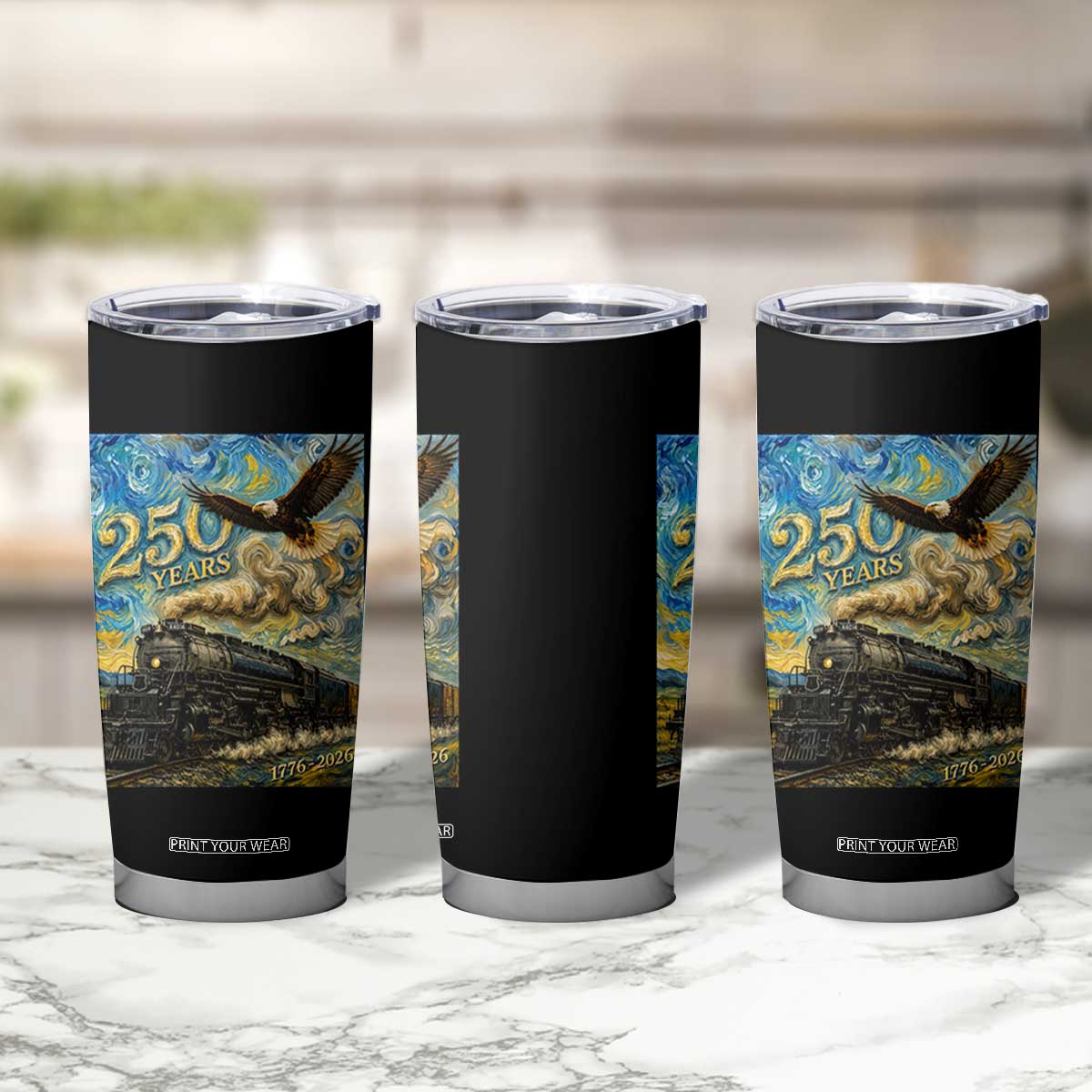 Train USA 250 Year Anniversary 1776 2026 Tumbler Cup Van Gogh Art Steam Locomotive Railroad Starry Night