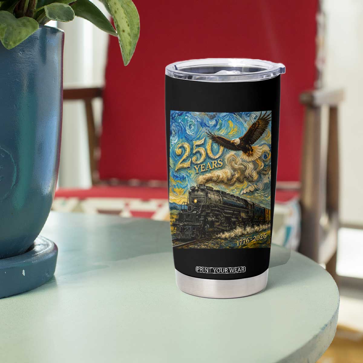 Train USA 250 Year Anniversary 1776 2026 Tumbler Cup Van Gogh Art Steam Locomotive Railroad Starry Night