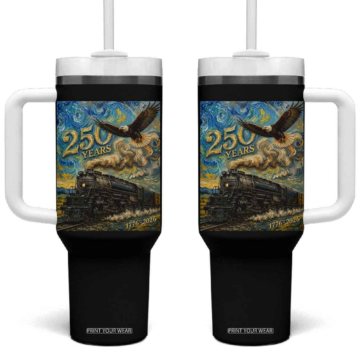 Train USA 250 Year Anniversary 1776 2026 Tumbler With Handle Van Gogh Art Steam Locomotive Railroad Starry Night TS11 One Size: 40 oz Black Print Your Wear