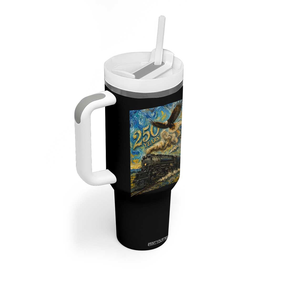 Train USA 250 Year Anniversary 1776 2026 Tumbler With Handle Van Gogh Art Steam Locomotive Railroad Starry Night