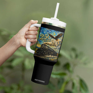 Train USA 250 Year Anniversary 1776 2026 Tumbler With Handle Van Gogh Art Steam Locomotive Railroad Starry Night