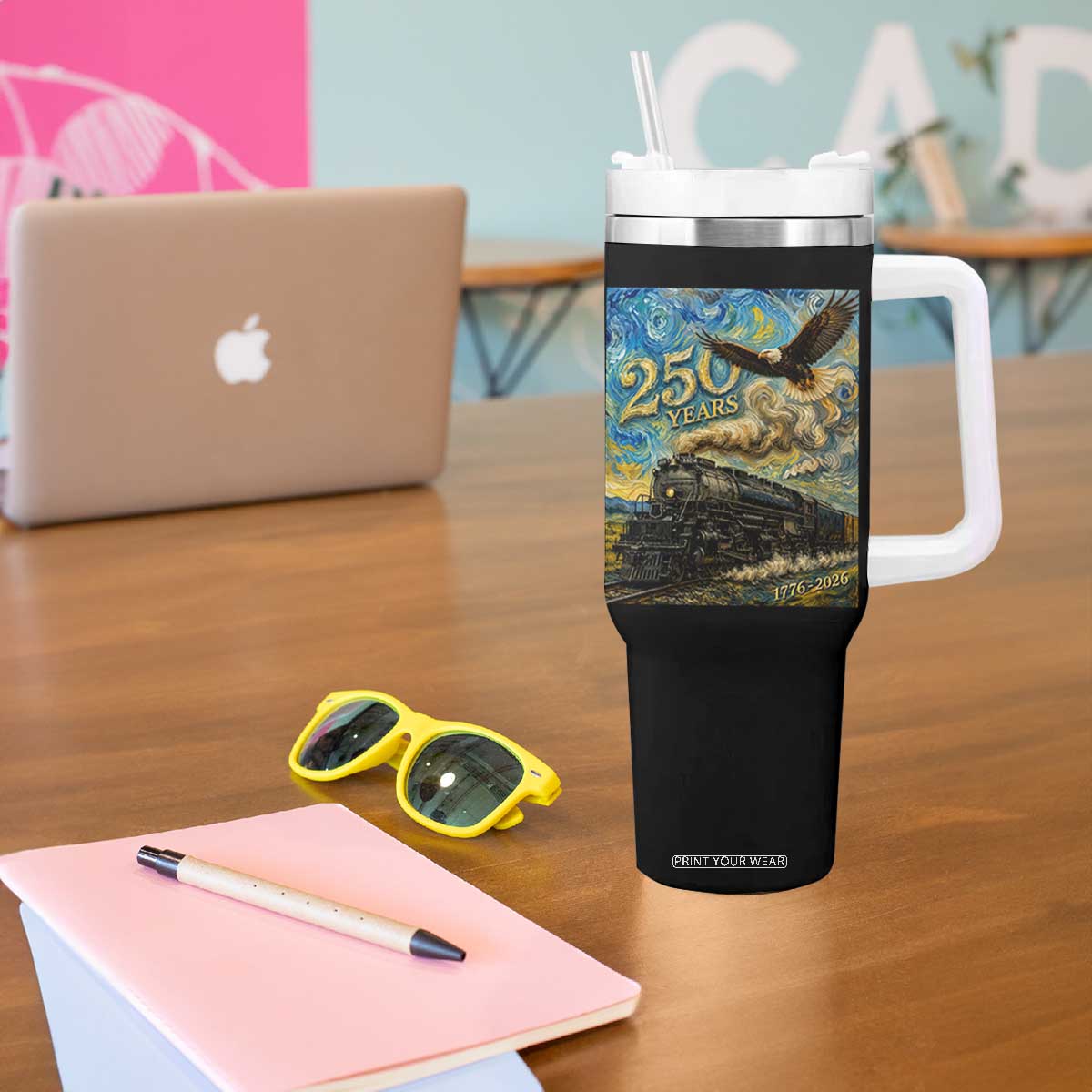 Train USA 250 Year Anniversary 1776 2026 Tumbler With Handle Van Gogh Art Steam Locomotive Railroad Starry Night