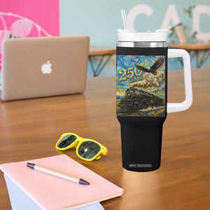 Train USA 250 Year Anniversary 1776 2026 Tumbler With Handle Van Gogh Art Steam Locomotive Railroad Starry Night