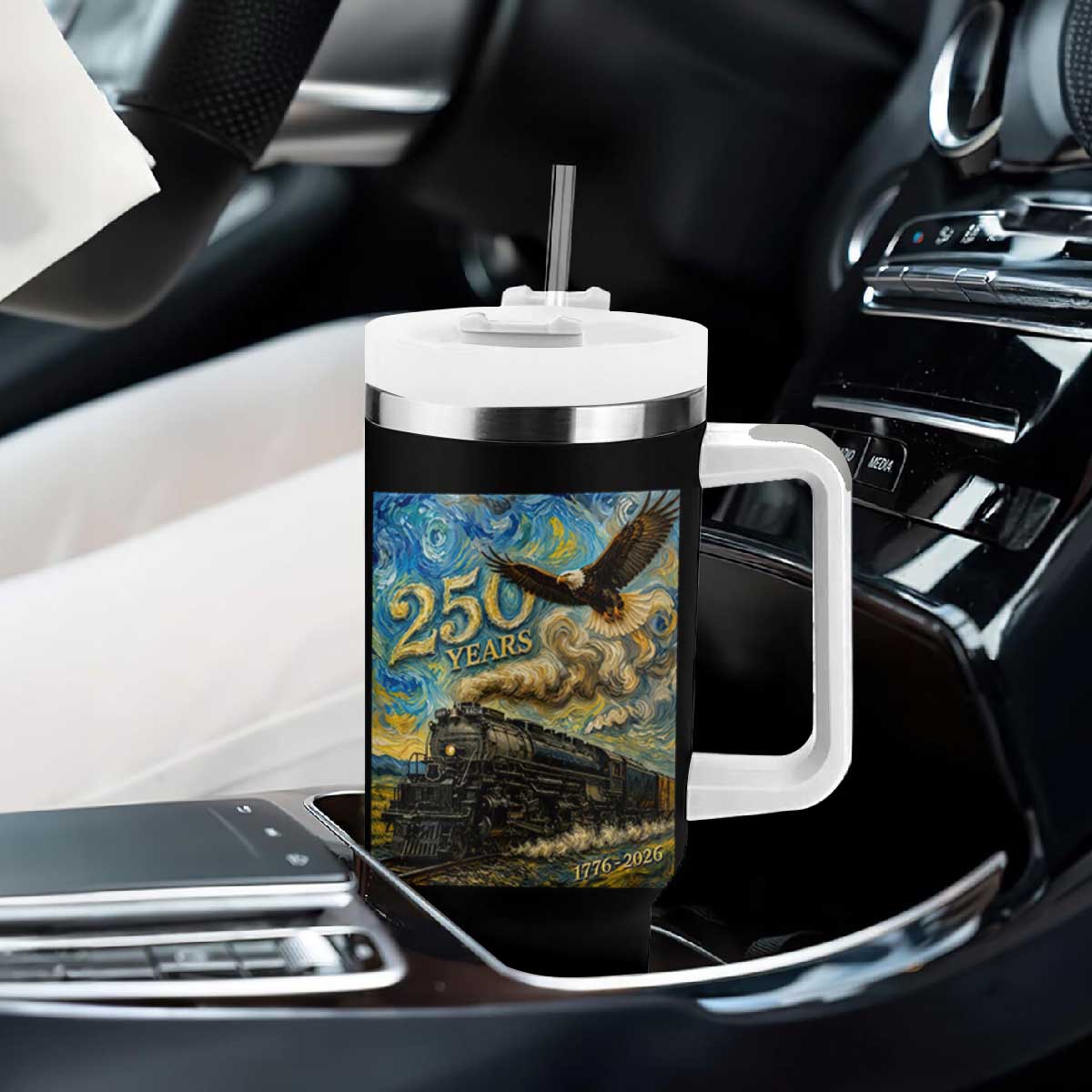 Train USA 250 Year Anniversary 1776 2026 Tumbler With Handle Van Gogh Art Steam Locomotive Railroad Starry Night