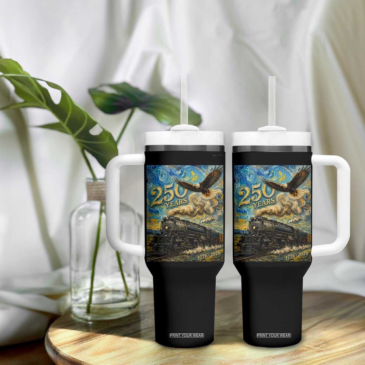 Train USA 250 Year Anniversary 1776 2026 Tumbler With Handle Van Gogh Art Steam Locomotive Railroad Starry Night