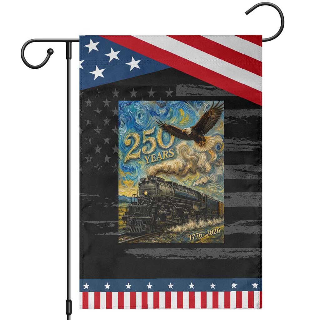 Train USA 250 Year Anniversary 1776 2026 Patriotic Garden Flag Van Gogh Art Steam Locomotive Railroad Starry Night