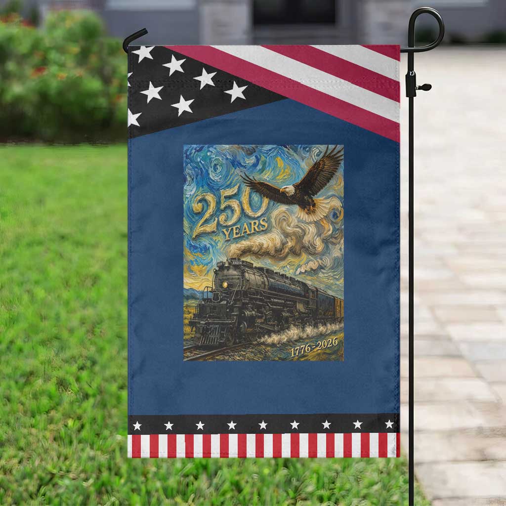 Train USA 250 Year Anniversary 1776 2026 Patriotic Garden Flag Van Gogh Art Steam Locomotive Railroad Starry Night
