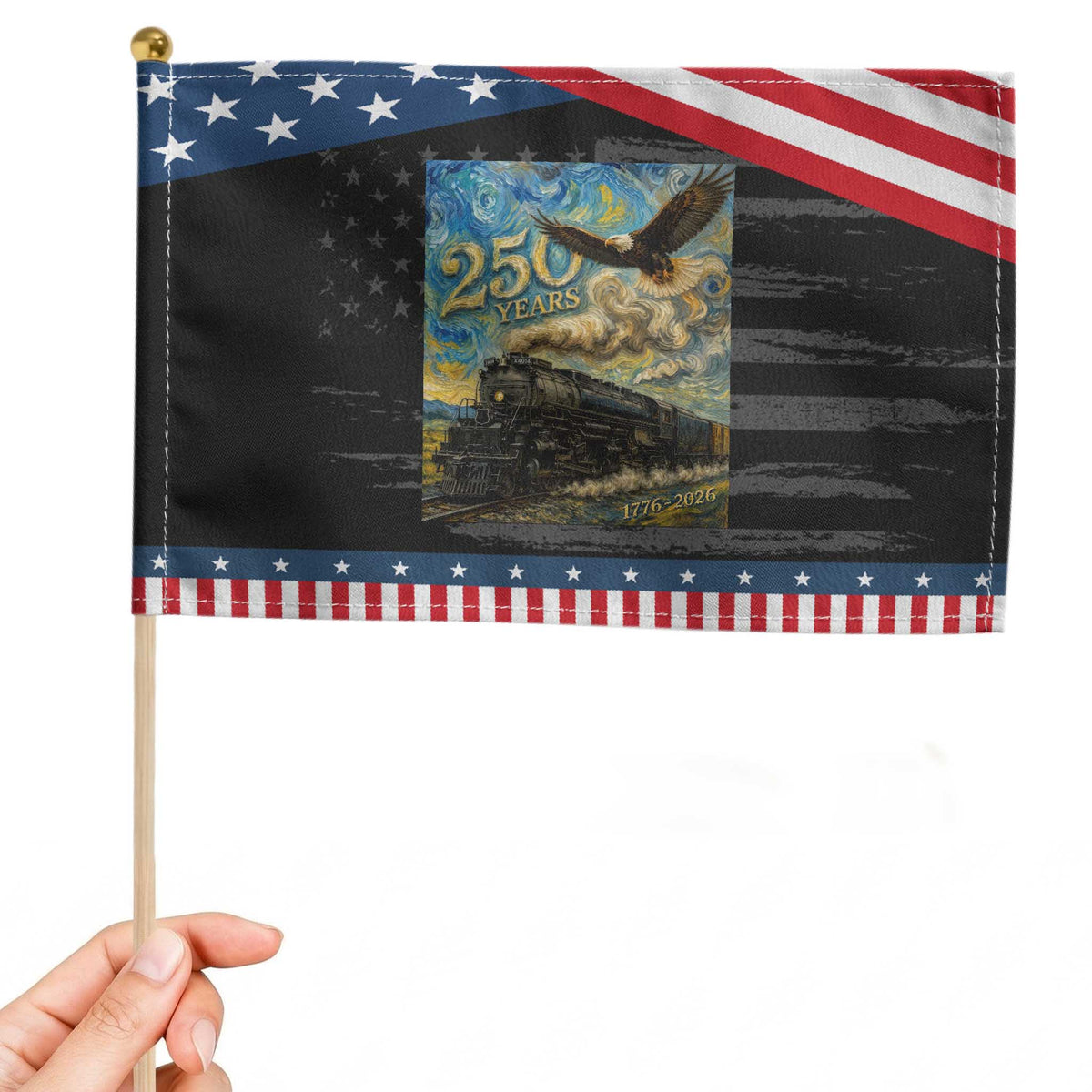 Train USA 250 Year Anniversary 1776 2026 Patriotic Handheld Flag Van Gogh Art Steam Locomotive Railroad Starry Night