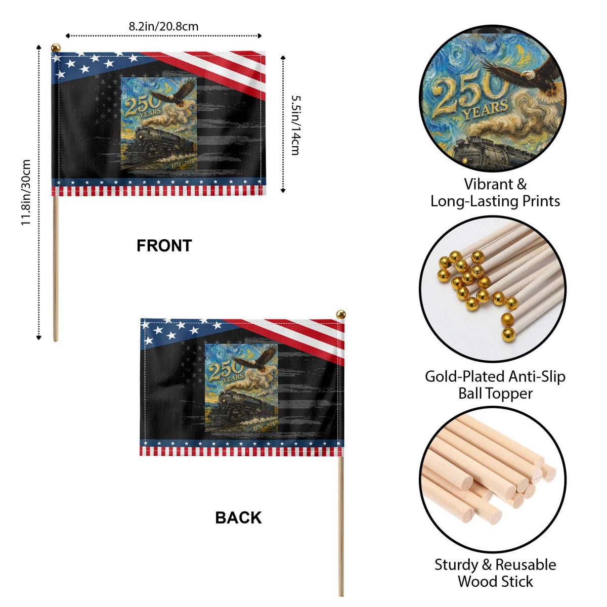 Train USA 250 Year Anniversary 1776 2026 Patriotic Handheld Flag Van Gogh Art Steam Locomotive Railroad Starry Night