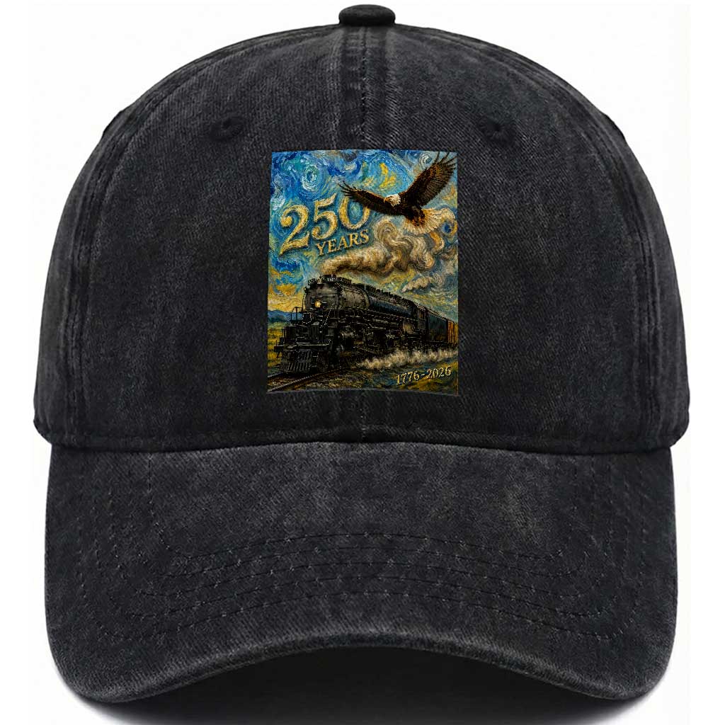 Train USA 250 Year Anniversary 1776 2026 Washed Cotton Baseball Cap Van Gogh Art Steam Locomotive Railroad Starry Night