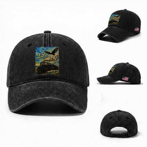 Train USA 250 Year Anniversary 1776 2026 Washed Cotton Baseball Cap Van Gogh Art Steam Locomotive Railroad Starry Night