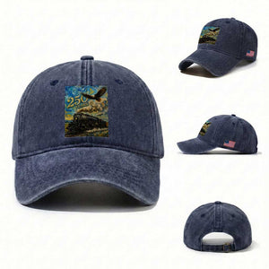 Train USA 250 Year Anniversary 1776 2026 Washed Cotton Baseball Cap Van Gogh Art Steam Locomotive Railroad Starry Night