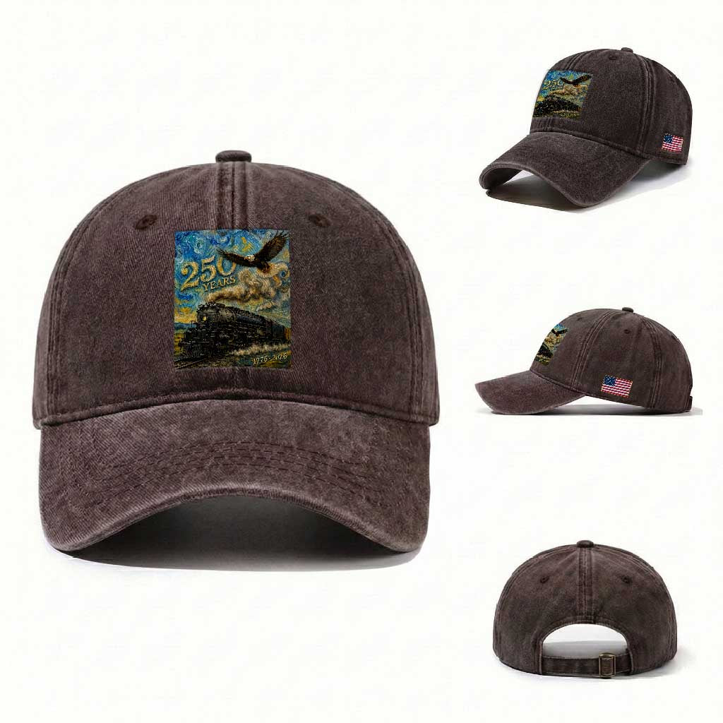 Train USA 250 Year Anniversary 1776 2026 Washed Cotton Baseball Cap Van Gogh Art Steam Locomotive Railroad Starry Night