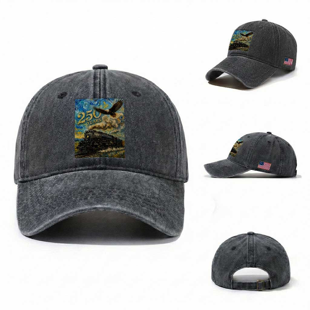 Train USA 250 Year Anniversary 1776 2026 Washed Cotton Baseball Cap Van Gogh Art Steam Locomotive Railroad Starry Night