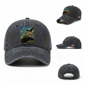 Train USA 250 Year Anniversary 1776 2026 Washed Cotton Baseball Cap Van Gogh Art Steam Locomotive Railroad Starry Night