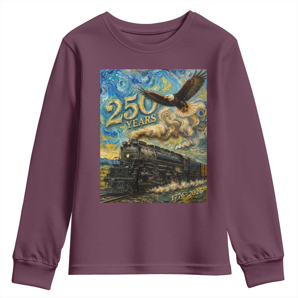Train USA 250 Year Anniversary 1776 2026 Youth Sweatshirt Van Gogh Art Steam Locomotive Railroad Starry Night