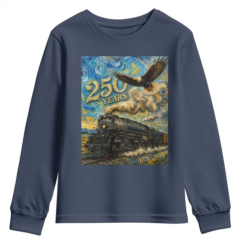 Train USA 250 Year Anniversary 1776 2026 Youth Sweatshirt Van Gogh Art Steam Locomotive Railroad Starry Night