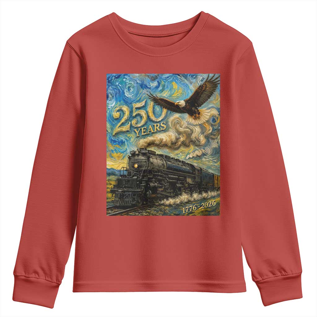 Train USA 250 Year Anniversary 1776 2026 Youth Sweatshirt Van Gogh Art Steam Locomotive Railroad Starry Night