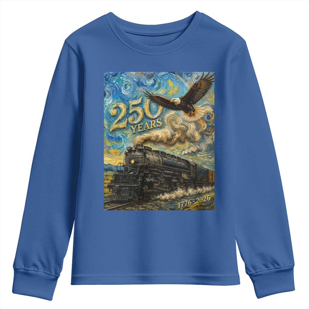 Train USA 250 Year Anniversary 1776 2026 Youth Sweatshirt Van Gogh Art Steam Locomotive Railroad Starry Night