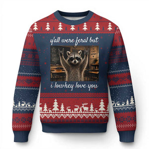 Y'all Were Feral But I Lowkey Love You Ugly Christmas Sweater Funny Raccoon Teacher TS11 Navy Red Print Your Wear