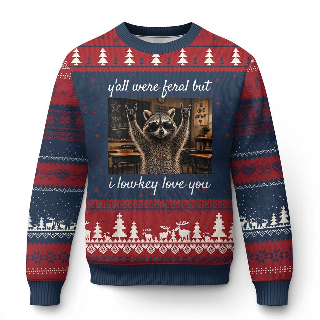 Y'all Were Feral But I Lowkey Love You Ugly Christmas Sweater Funny Raccoon Teacher TS11 Navy Red Print Your Wear