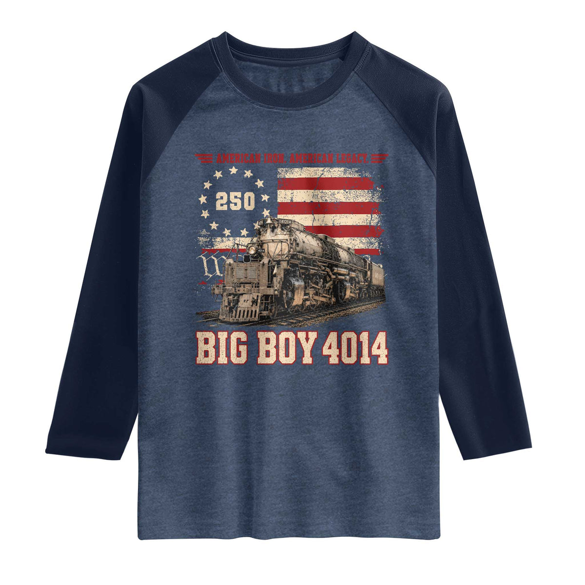 Train USA 250th Anniversary Raglan Shirt American Iron Legacy Steam Locomotive Railroad Train Engine TS11 Heather Denim Navy Print Your Wear