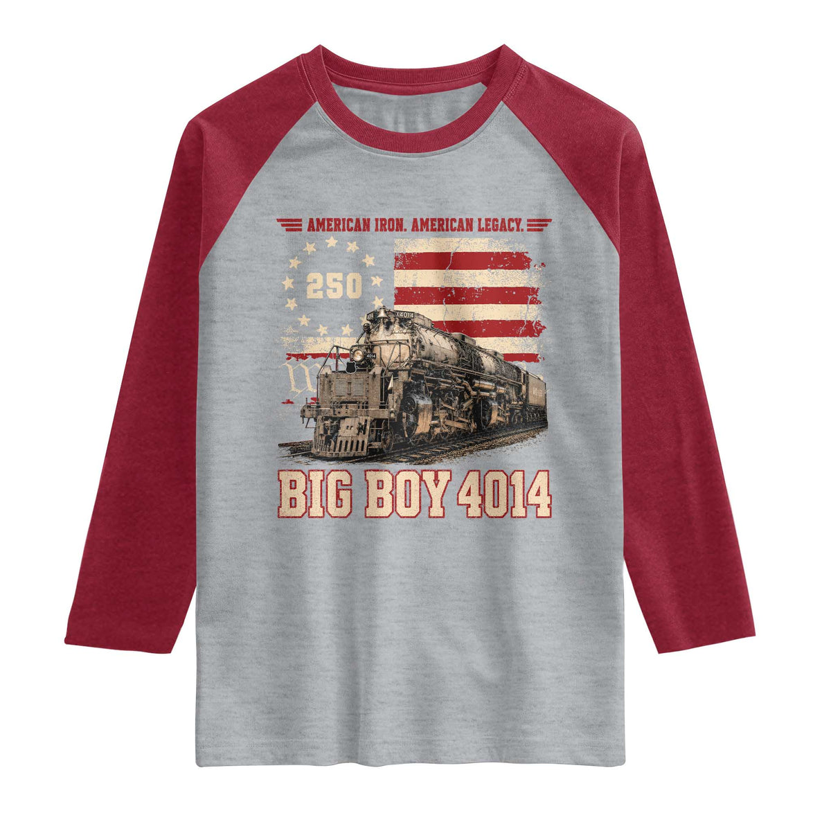 Train USA 250th Anniversary Raglan Shirt American Iron Legacy Steam Locomotive Railroad Train Engine TS11 Heather Gray Heather Red Print Your Wear