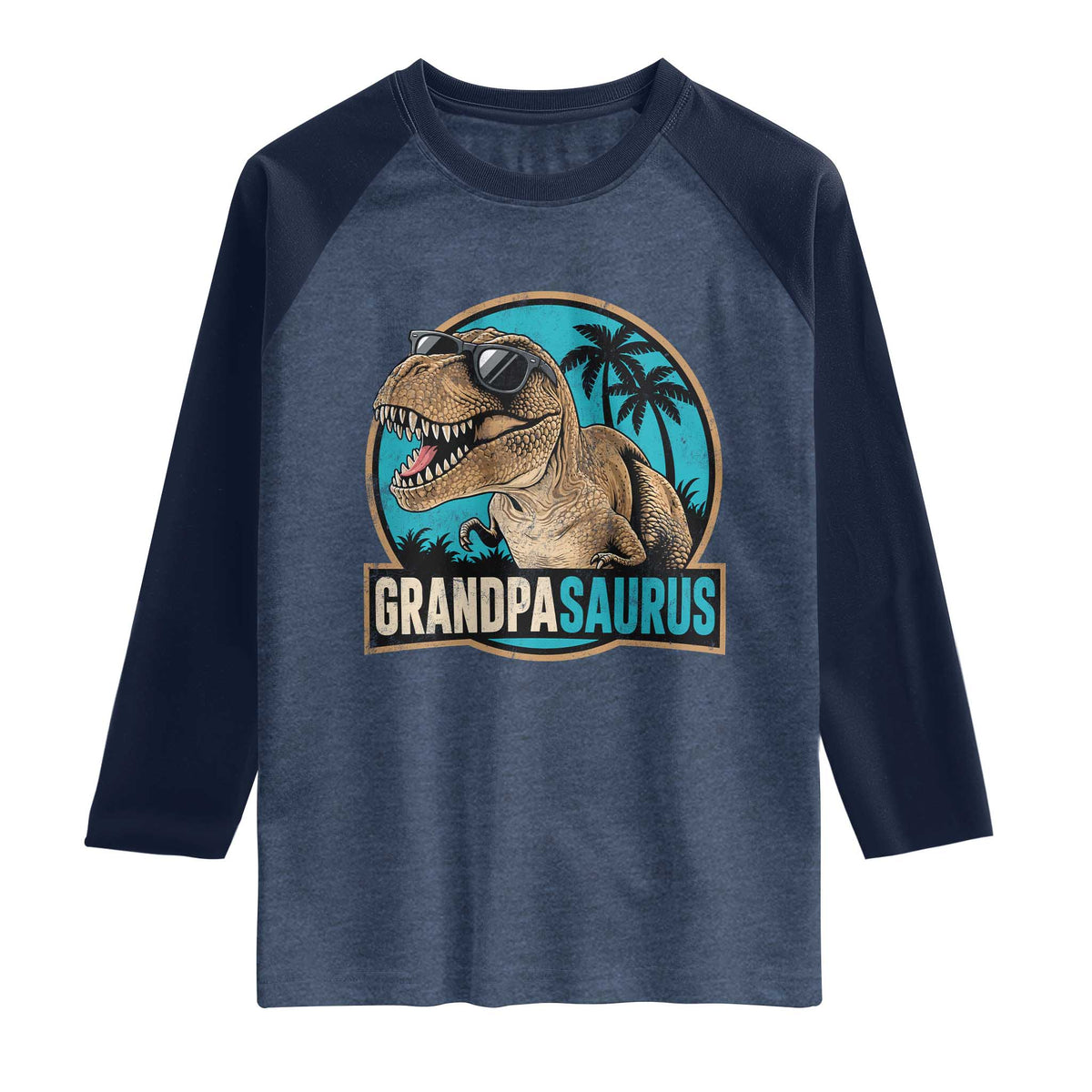 Dinosaur Grandfather Raglan Shirt Funny Grandpasaurus Fathers Day Family Matching TS11 Heather Denim Navy Print Your Wear