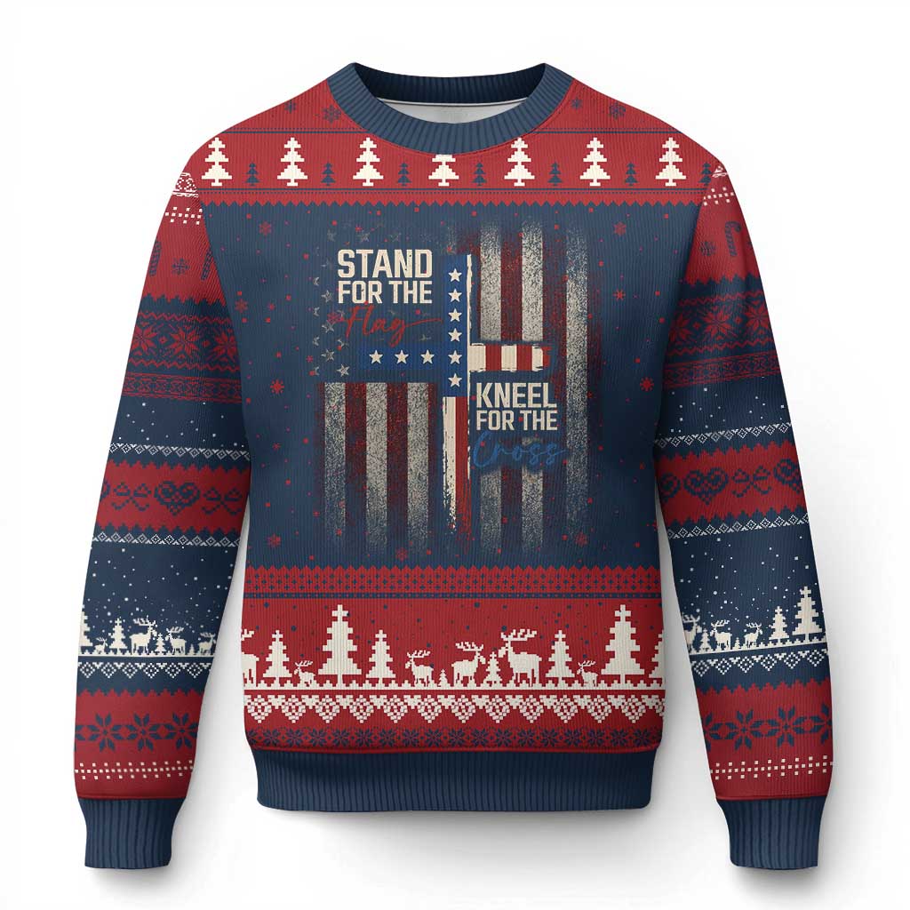 Stand For The Flag Kneel For The Cross Ugly Christmas Sweater Patriotic Faith Vintage American Flag