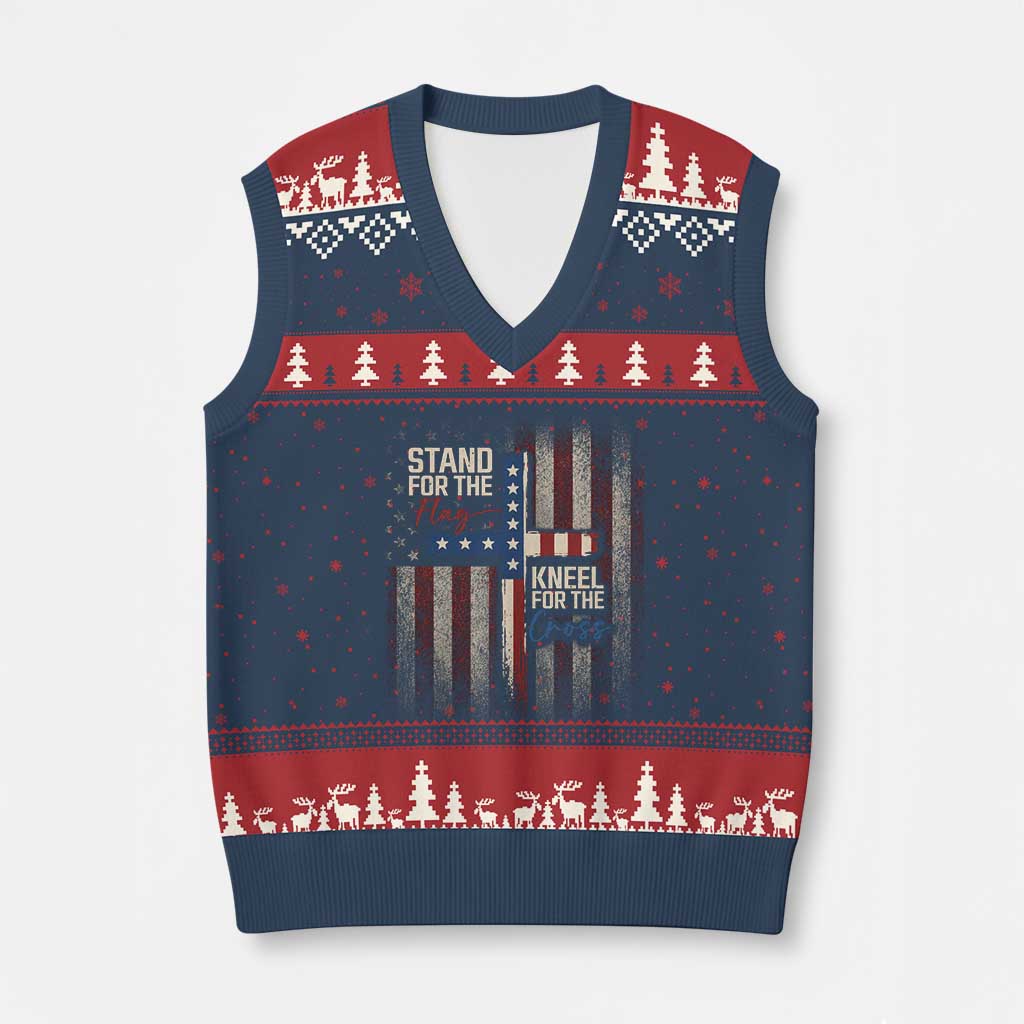 Stand For The Flag Kneel For The Cross V-Neck Knit Sweater Vest Patriotic Faith Vintage American Flag