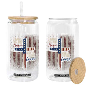 Stand For The Flag Kneel For The Cross Glass Can Patriotic Faith Vintage American Flag