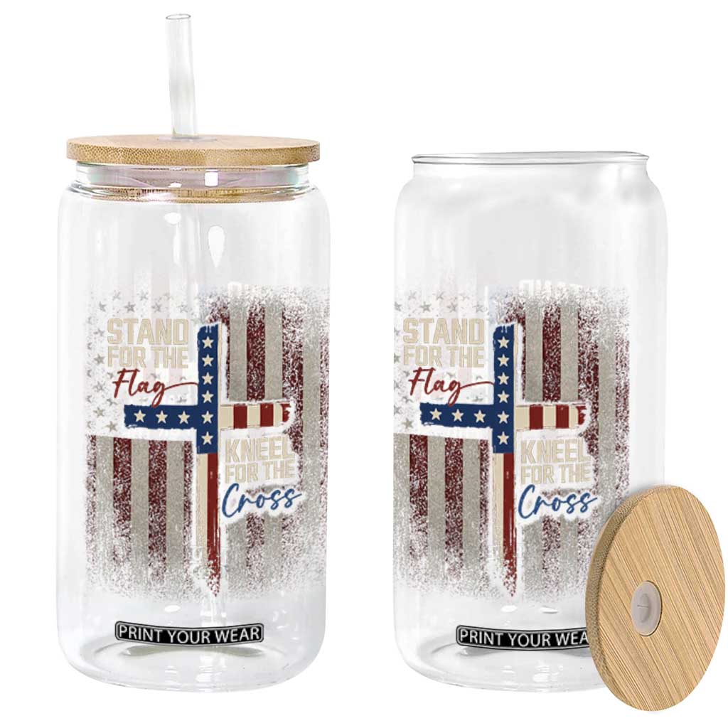 Stand For The Flag Kneel For The Cross Glass Can Patriotic Faith Vintage American Flag